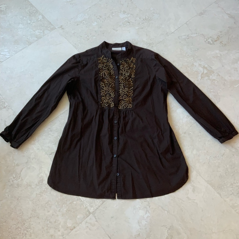Chico's Boho Brown Tunic with Gold Bead Embroidery sz L/12/2